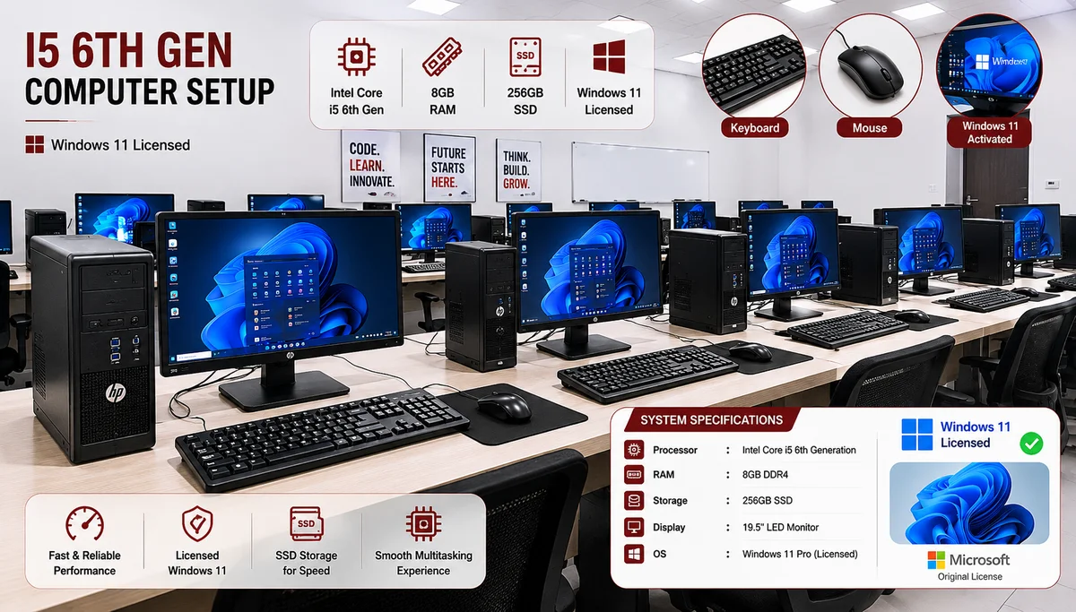 HP Core i5 8GB RAM 256GB SSD student workstations set up in standard computer lab