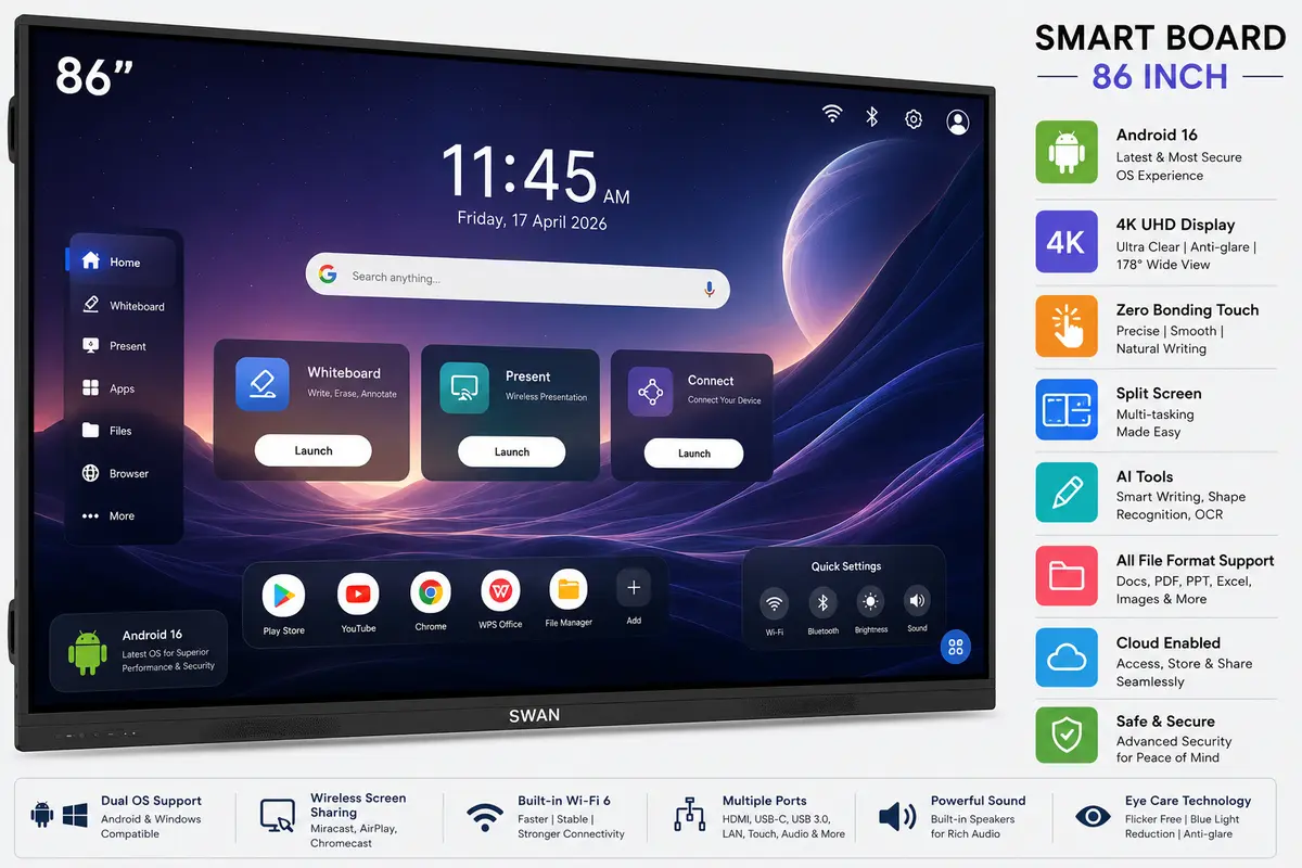 SWAN 86 Inch 4K Smart Board Interactive Flat Panel for Auditoriums
